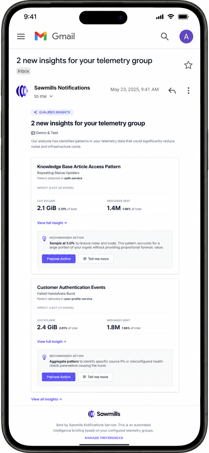 Sawmills insight digest delivered in a mobile Gmail inbox