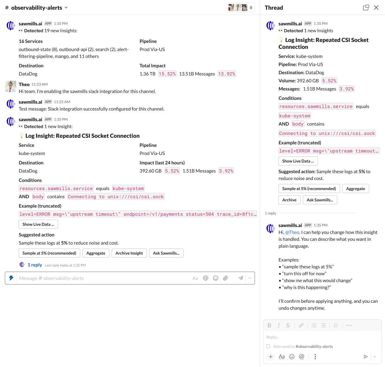 Sawmills Slack alert with an actionable insight and agent follow-up
