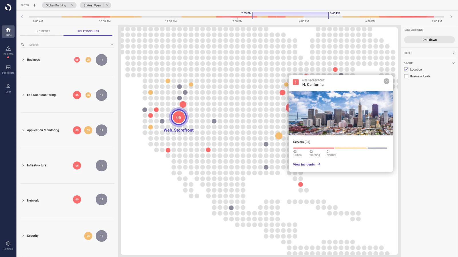 Light AppDynamics interface zoomed into a location-based incident on a dotted world map
