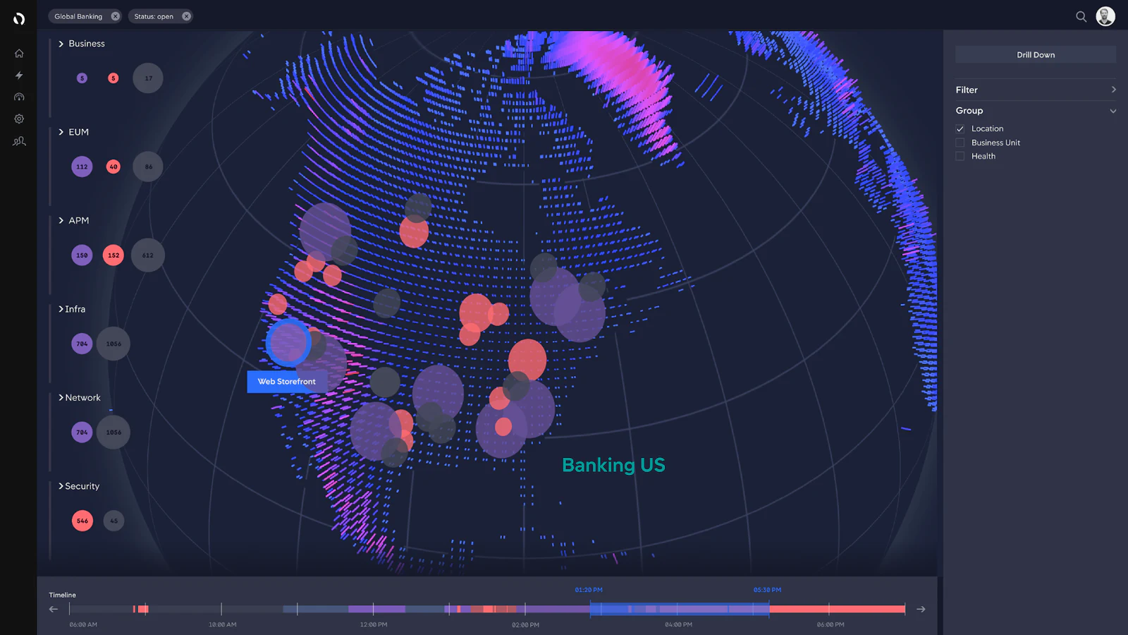 Dark AppDynamics interface with a luminous three-dimensional globe visualizing monitored systems and incidents