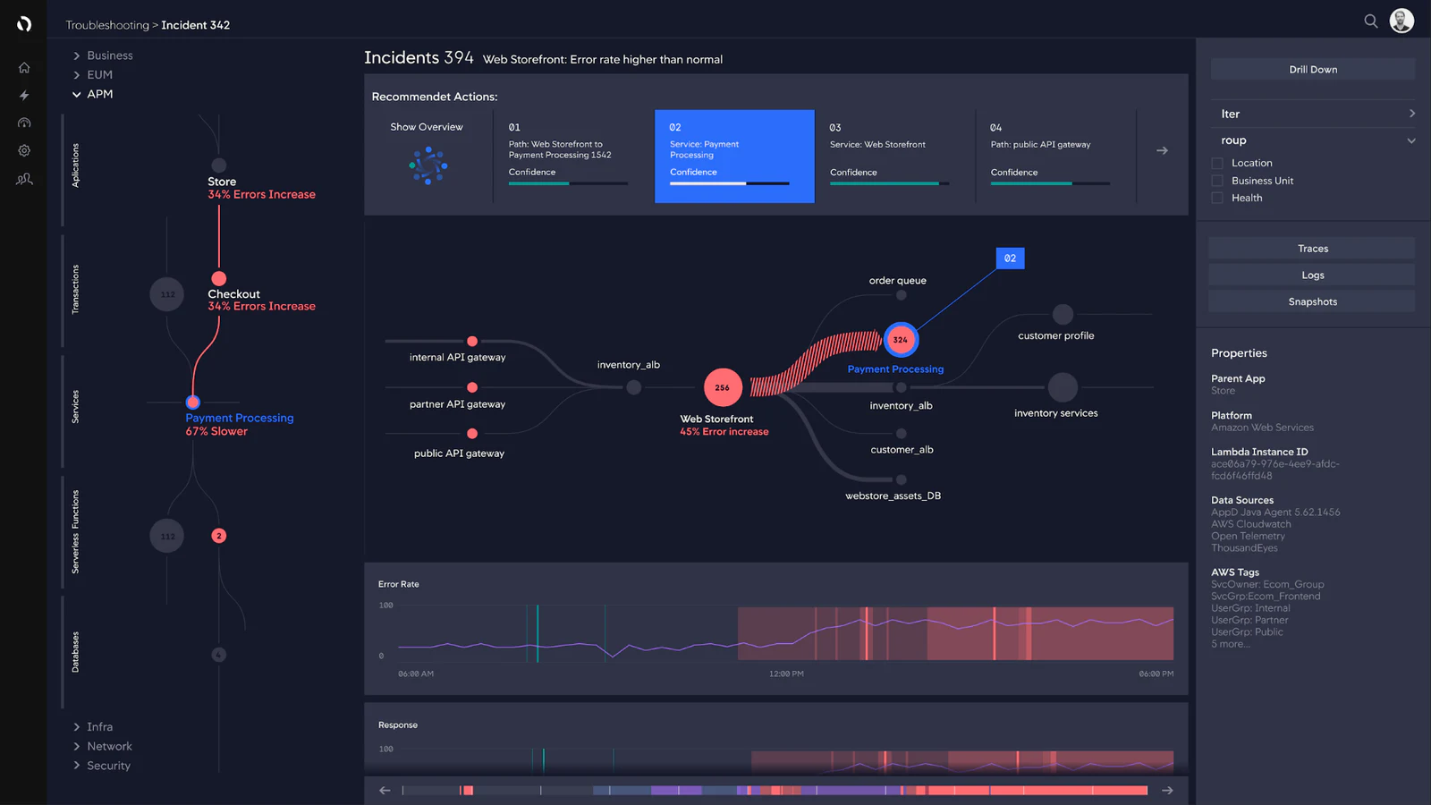 Dark next-generation AppDynamics troubleshooting interface with luminous causal flows