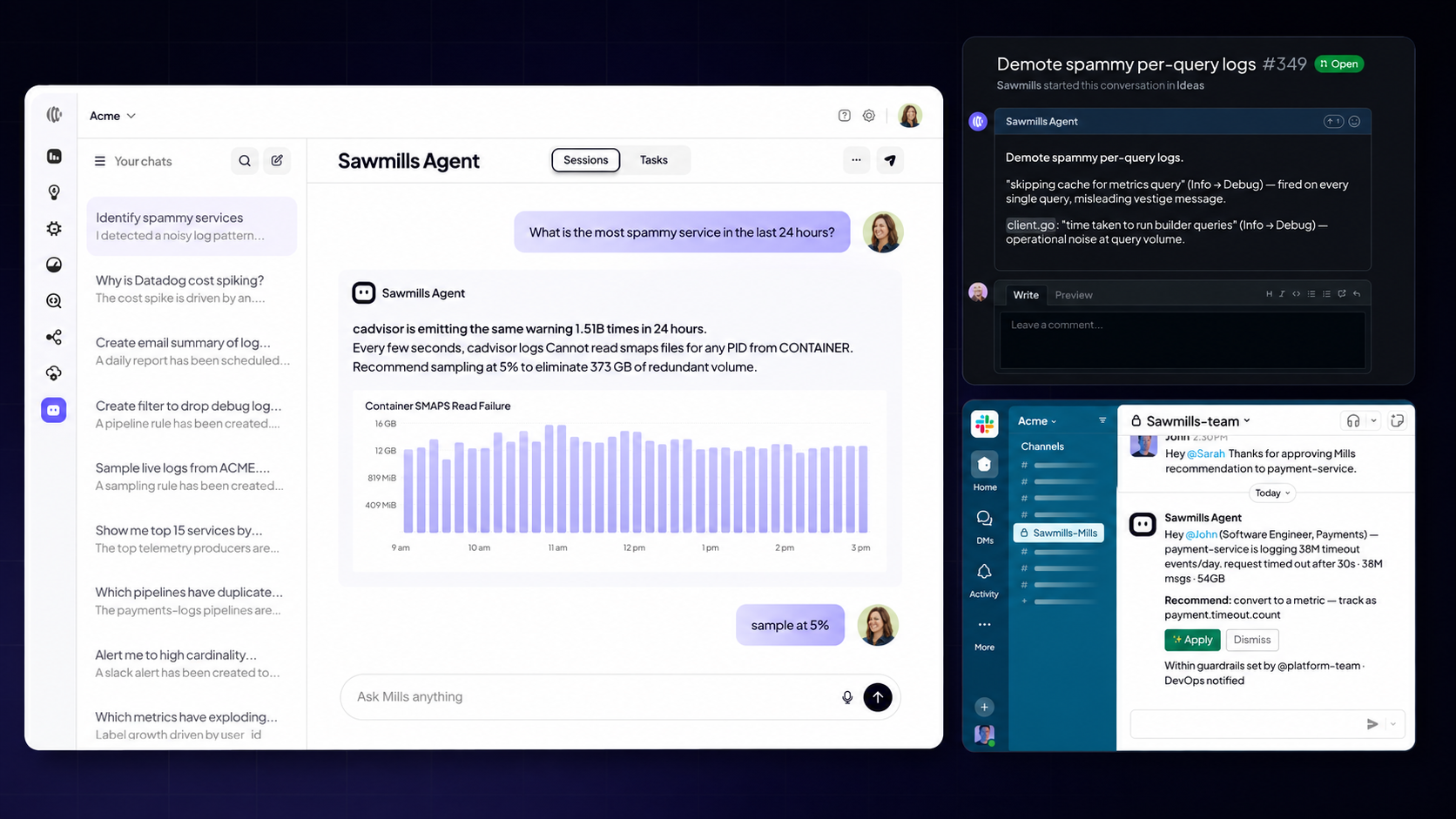 Sawmills Agent working across the product, GitHub, and Slack