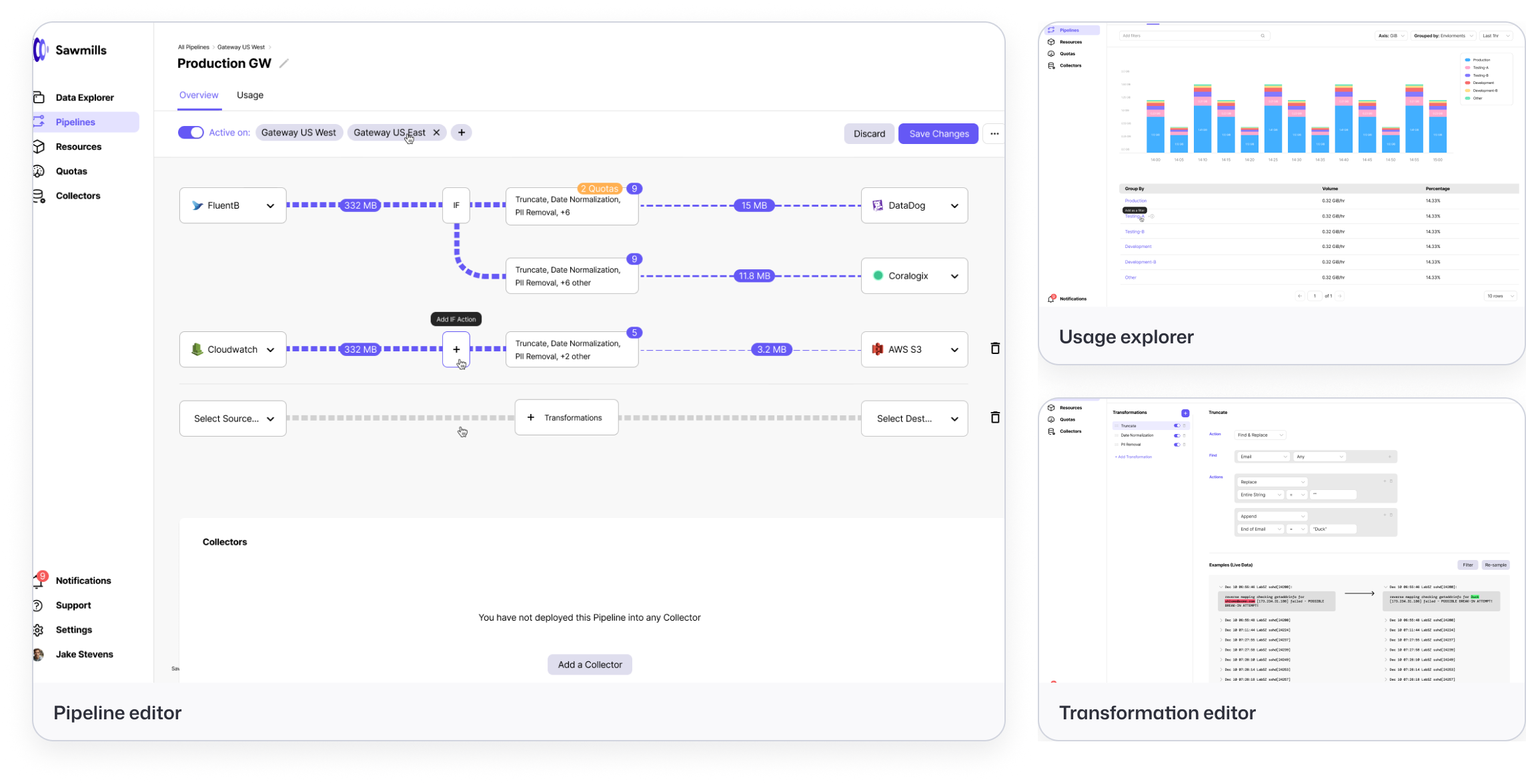 Original Sawmills screens arranged with the pipeline editor large on the left and the usage explorer and transformation editor stacked on the right