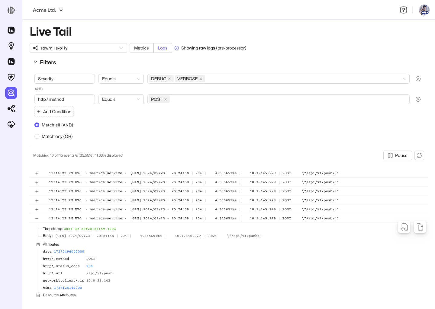 Sawmills Live Tail showing telemetry moving through a pipeline in real time