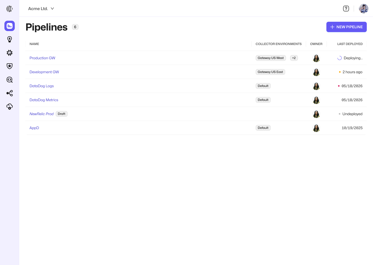 Sawmills pipelines list using the shared product shell and interaction patterns