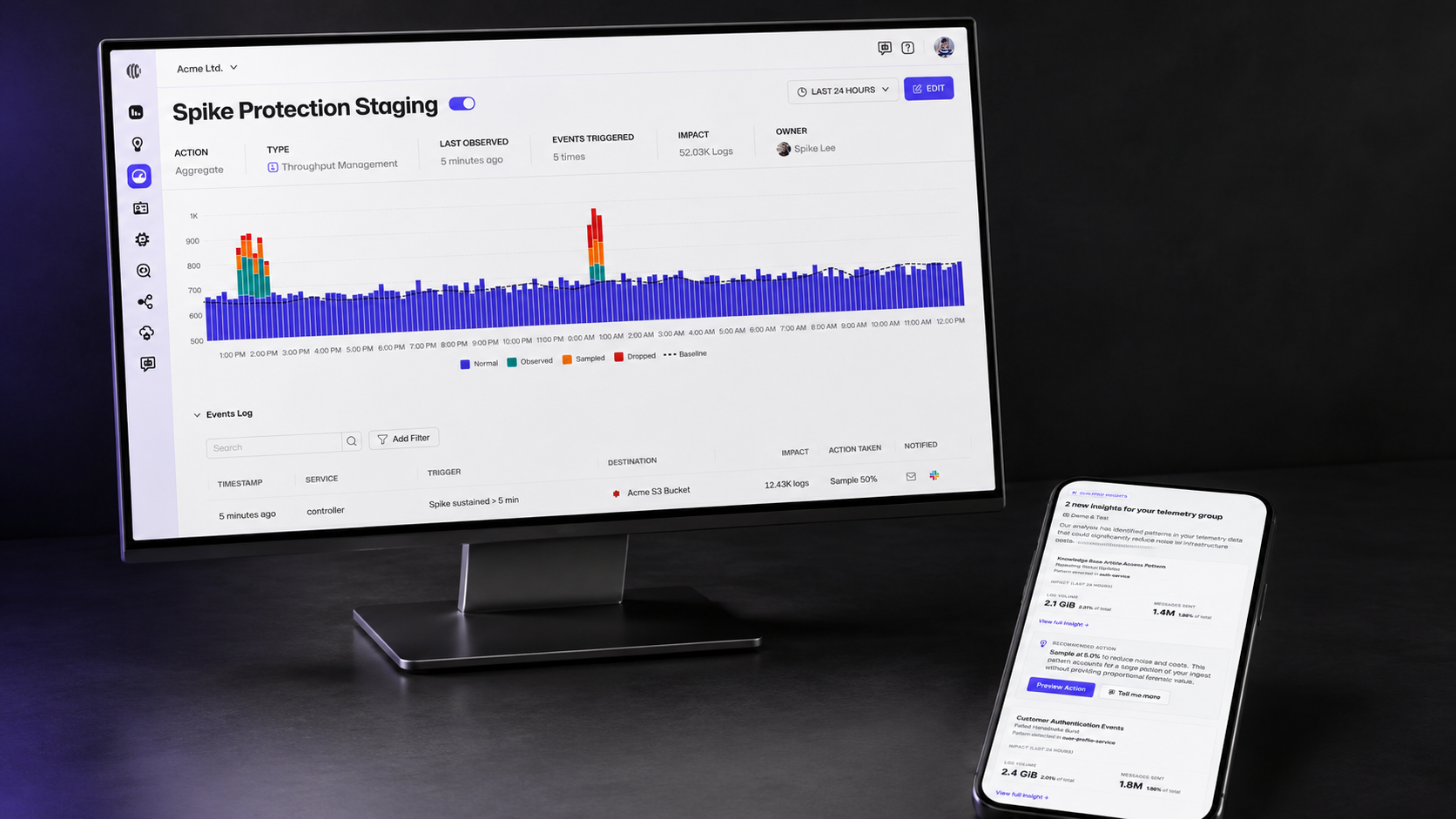 Sawmills telemetry control experience shown on desktop alongside a mobile insight digest
