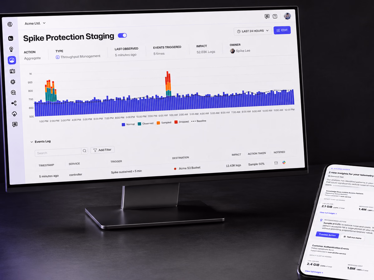 Sawmills telemetry control experience shown on desktop alongside a mobile insight digest