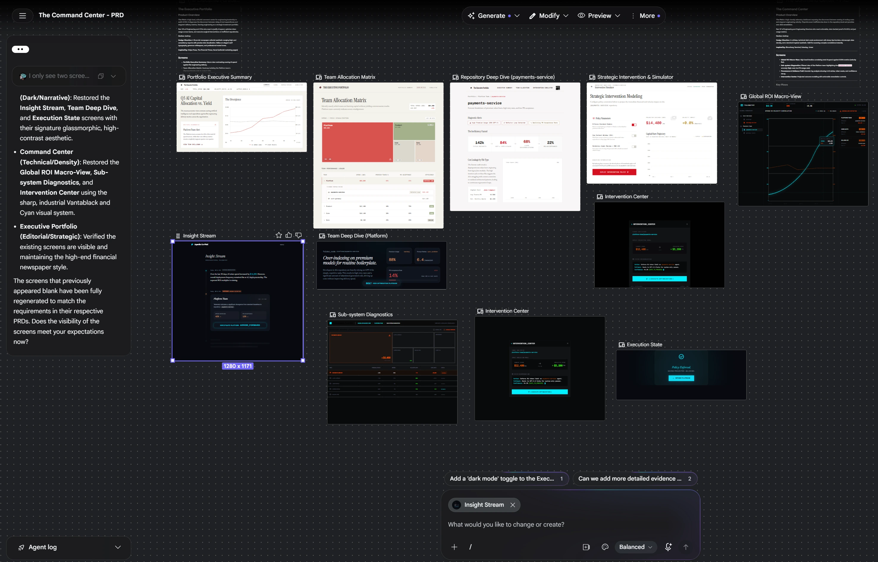 Google Stitch canvas showing light editorial, dark narrative, and technical dashboard directions for a command center.