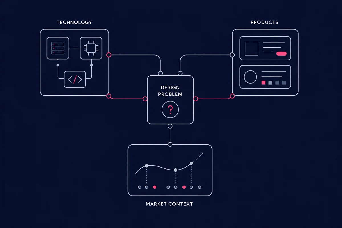 Technology, product interfaces, and market signals connect around a central design problem, with selected relationships highlighted in pink.