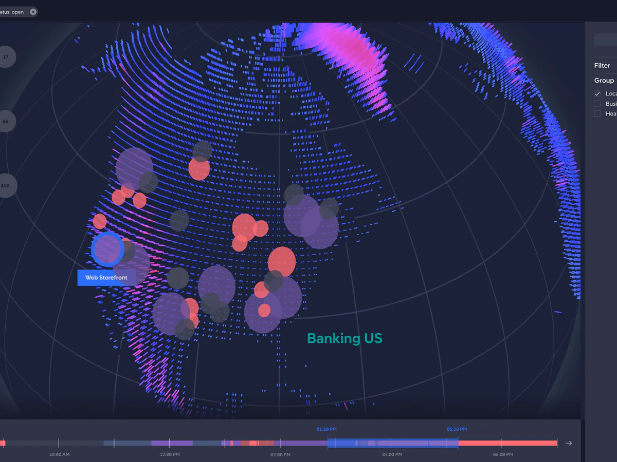 Dark AppDynamics interface with a luminous globe visualizing monitored systems and incidents